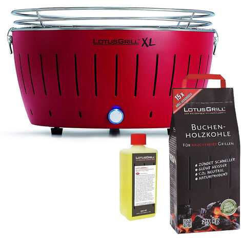 Barbacoa Roja XL con Pilas y Cable de Alimentación USB + 2,5Kg de Carbón de Haya + Gel Combustible 500ml - Lotus Grill