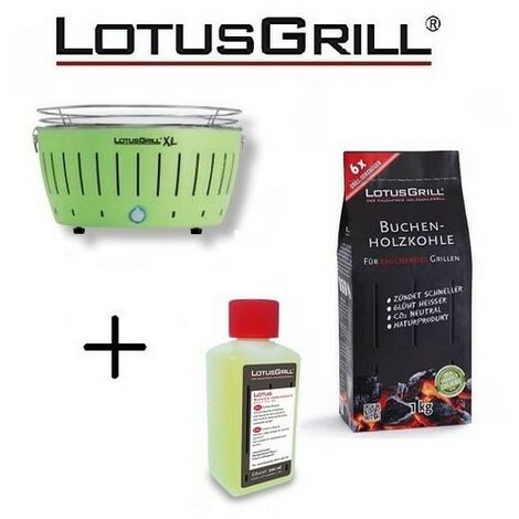 Barbacoa Verde XL con Pilas y Cable de Alimentación USB + 1Kg de Carbón de Haya + Gel Combustible Inodoro para Barbacoa 200ml -Parrilla Lotus
