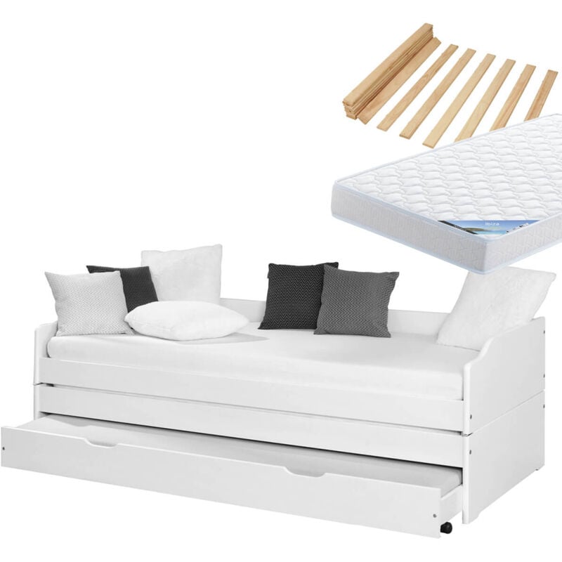 Altobuy - barbara - Pack Lit Gigogne 3 Couchages 90x200cm Blanc + 2 Matelas Ibiza