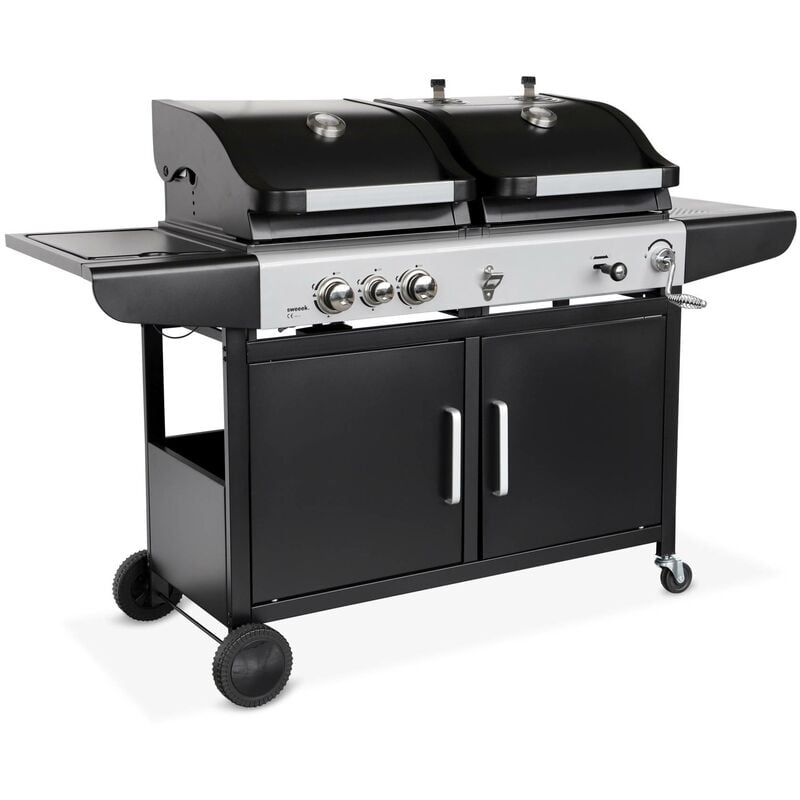 Alice's Garden - Barbecue 2 en 1 gaz et charbon - Marsac Noir - 3 brûleurs + 1 feu latéral. grilles en fonte. thermomètres