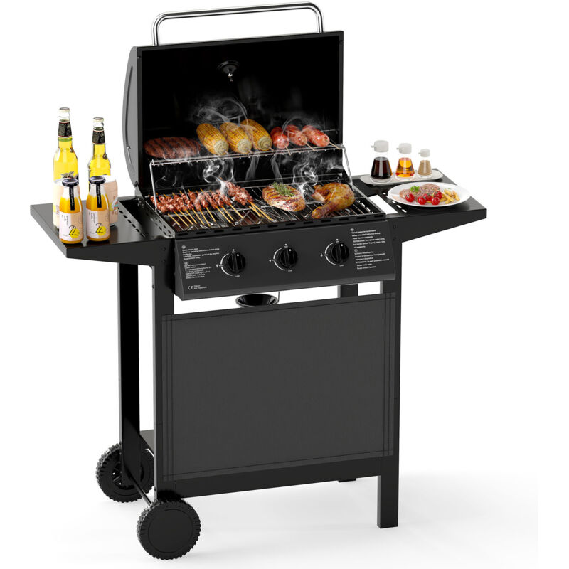 Costway – Barbecue à gaz propane 3 brûleurs 24,000 BTU – Grille en acier inoxydable – Thermomètre intégré – Tables latérales pratiques