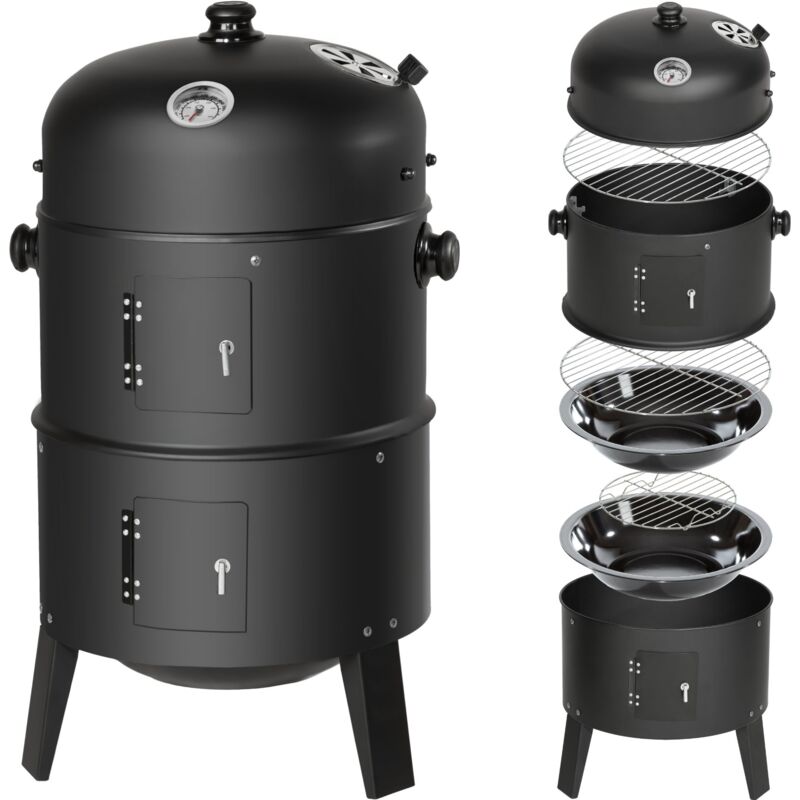 Tectake - Barbecue vertical 3 en 1 fumoir - barbecue multifonctions, grill, smoker avec thermometre de température - noir