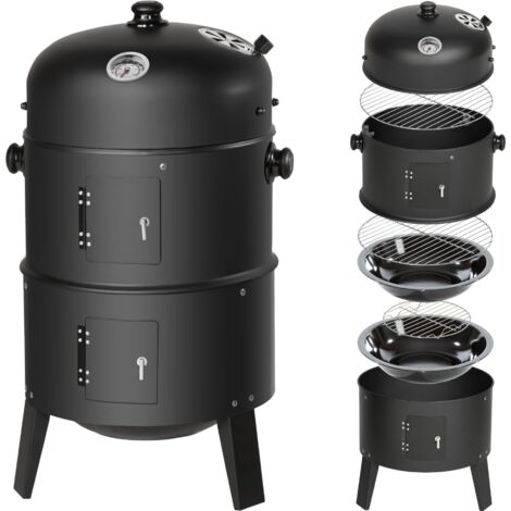 Barbecue 3 en 1, Grill, Fumoir, Smoker avec Thermomètre et Crochets pour Fumer - Charbon de Bois Noir