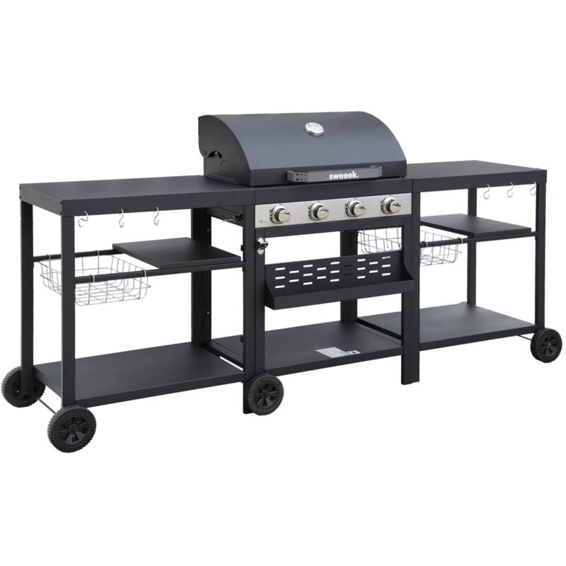 Sweeek - Barbecue 4 brûleurs. cuisine d'extérieure danglars. Acier noir. l 223.5 x p 60.5 x h 142 cm