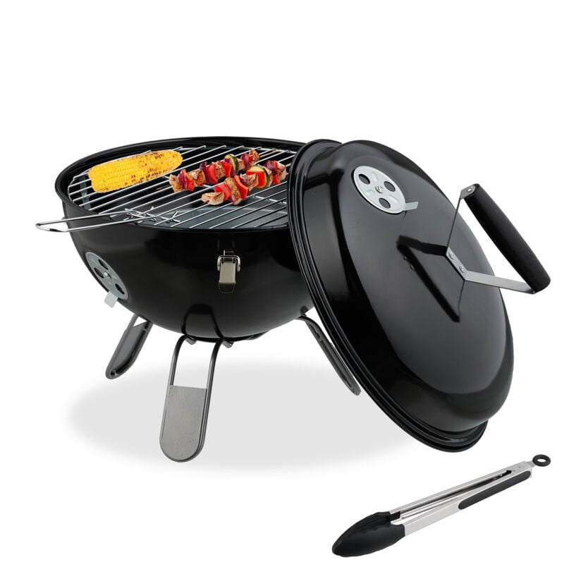 Relaxdays - Barbecue portable, grill rond, Ø37 cm, pour table, jardin, balcon, avec couvercle, bac à charbon & pince, noir