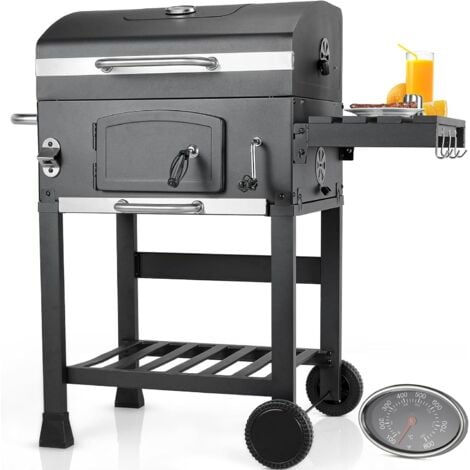 LIFERUN Barbecue a carbone XL, griglia a carbone per campeggio e giardino, affumicatore per barbecue, altezza regolabile, con termometro e ruote