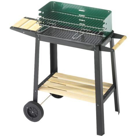 Barbecue a carbonella con struttura in acciaio e ruote.