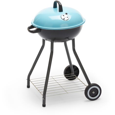 Barbecue a carbonella in acciaio con griglia rotonda e carrello con ruote barbecue da giardino