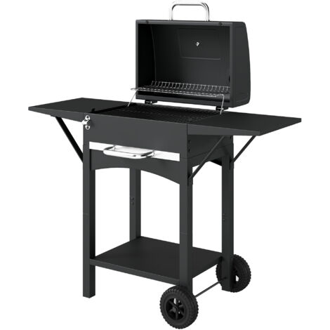 Barbecue à Charbon avec 2 Tablettes Latérales, Thermomètre, Couvercle et Roues, 110x46.5x101 cm, Noir