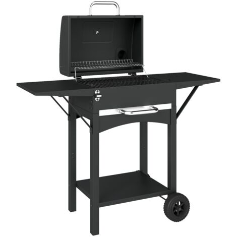 Barbecue à charbon avec couvercle, fumoir avec 2 tablettes latérales, grande surface de cuisson, grille, thermomètre, roulettes