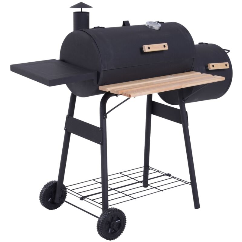 Barbecue à Charbon fumoir BBQ Grill Smoker sur Pied avec Couvercle, roulettes, thermomètre, étagères Acier laminé à Froid Noir