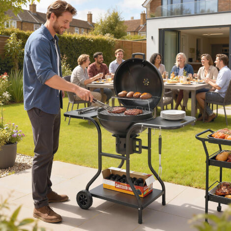 Barbecue à charbon Rond avec couvercle Barbecue Rond Extérieur avec Thermomètre. 129 x 63.5 x 106.5 cm. Noir