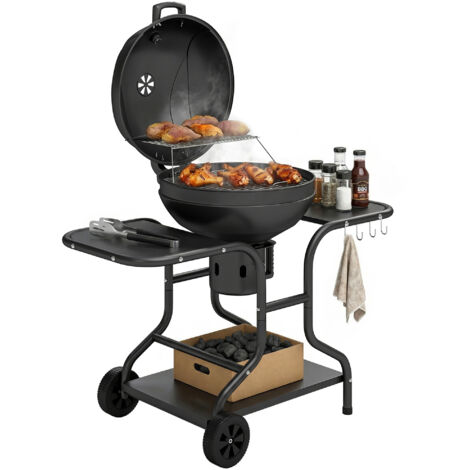 Barbecue à charbon Rond avec couvercle Barbecue Rond Extérieur avec Thermomètre, 129 x 63,5 x 106,5 cm, Noir