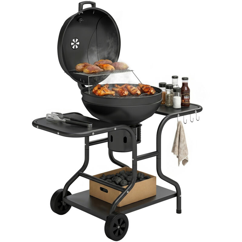 Barbecue à charbon Rond - Outsunny - avec couvercle Thermomètre, Tables Latérales, Étagère Inférieure - 129 x 63,5 x 106,5 cm, Noir