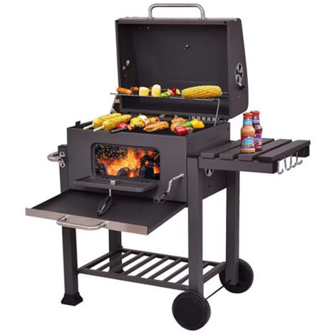 Barbecue à charbon sur chariot mobile – 2 grilles de cuisson, étagères porte-crochets, hauteur réglable pour le charbon – Grill extérieur