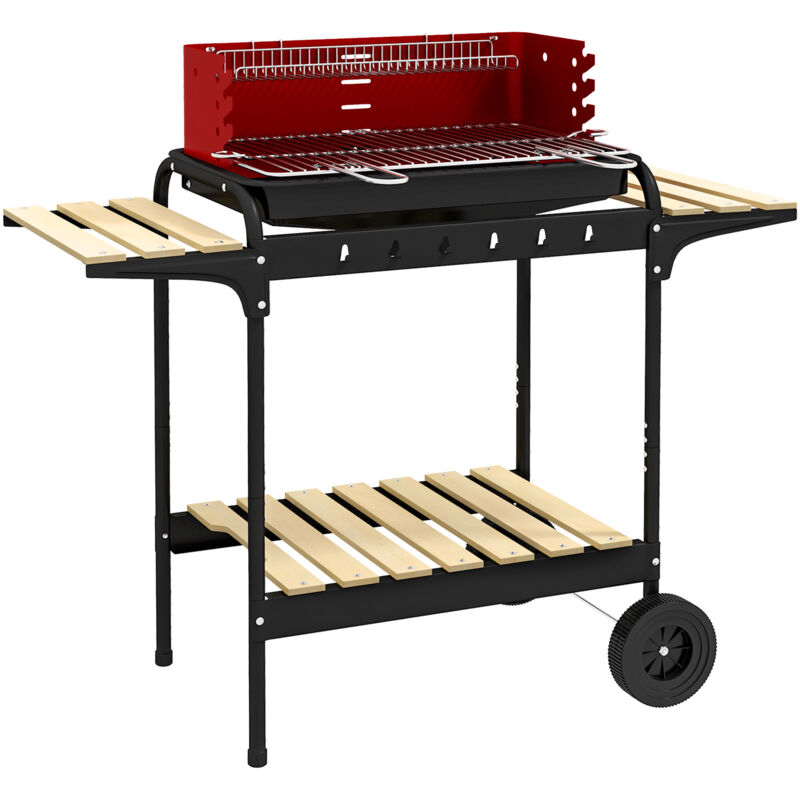 Barbecue à charbon sur pied grille réglable 2 roues 3 étagères récupérateur de cendres rouge