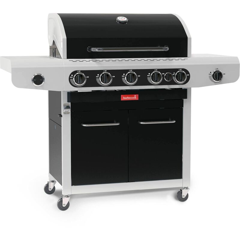 Barbecue a gas Siesta 612 Black Edition con tavolo laterale fisso, 5 bruciatori e bruciatore laterale, griglie in ghisa smaltata, 143x56x120cm