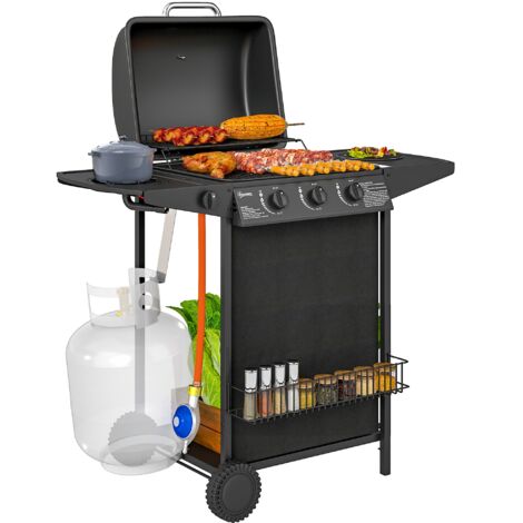 Barbecue a Gas con 4 Bruciatori Indipendenti 108x54x97 cm Coperchio con Termometro Nero