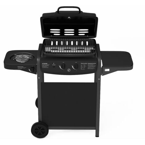 BRICOZONE Barbecue A Gas Con Fuoco Bruciatore Laterale BBQ Con Coperchio Termometro Griglia Piano Di Appoggio Grill Compatto Con Ruote e Struttura In Acciaio Giardino Esterno Piscina 112 x 52.5 x 96.5 Cm Nero