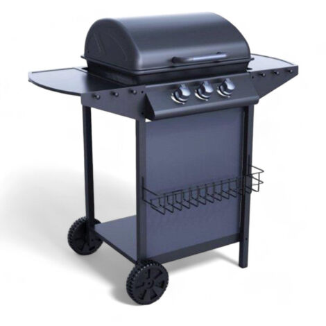 Barbecue a gas da esterno con tre fuochi dimensioni 104x55x98 cm doppia griglia acciaio inox e mensola portavivande