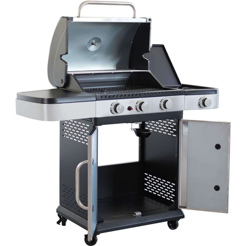 Barbecue A Gas In Acciaio Inox 3 Fuochi + 1 Laterale Per Esterno Giardino, Portico, Terrazzo