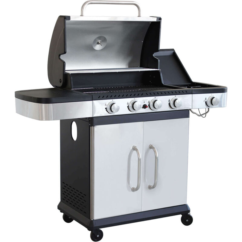 Barbecue A Gas In Acciaio Inox 4 Fuochi + 1 Laterale Per Esterno Giardino, Portico, Terrazzo