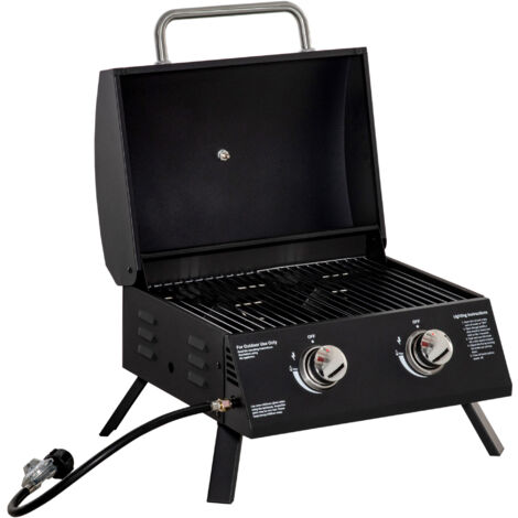 Barbecue a Gas Pieghevole con Coperchio, Termometro e 2 Bruciatori in Acciaio, 55x46.5x41 cm, Nero