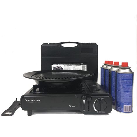 Barbecue à gaz 2en1 grill + réchaud 2.2 Kw Fivestar + 4 cartouches gaz 227g gaz butane Camping