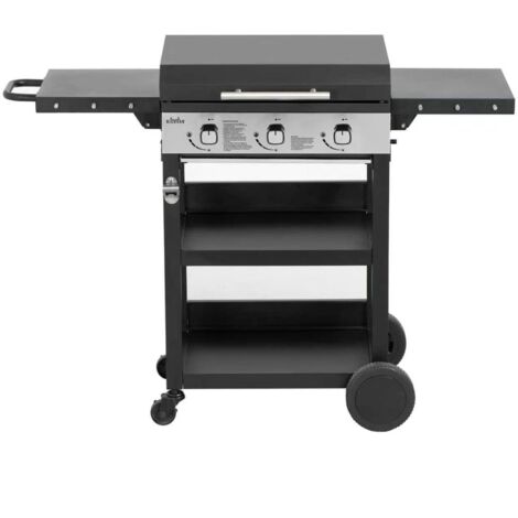 Plancha à gaz 3 brûleurs – Puissance 7.2 kW – Surface de cuisson 52,6 x 36 cm – Chariot avec tables latérales pliables – Bighorn