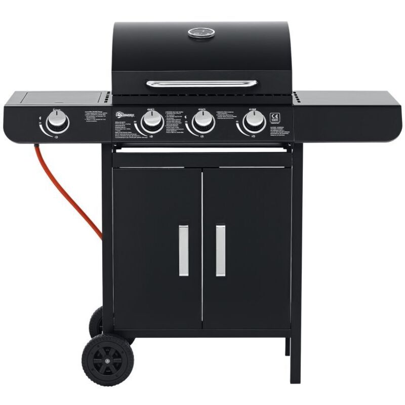 Barbecue à Gaz 4 Brûleurs (3+1) - Acier Inoxydable, Tablette Latérale - 110 x 50 x 100 cm - Noir