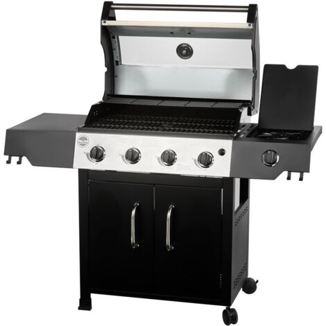 Barbecue à gaz 5 brûleurs dont 1 latéral – Plancha et grille de cuisson combinées – Dimensions L144 x P60 x H118 cm – Fonte émaillée mate – Roster