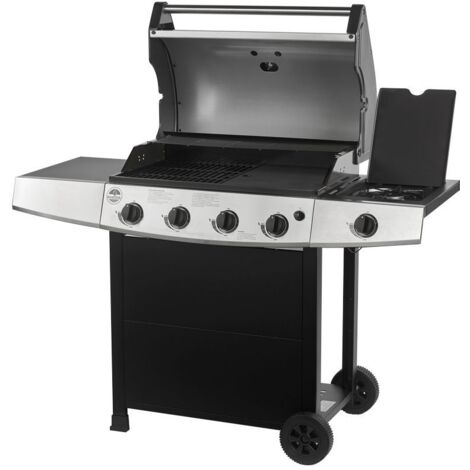 Barbecue à gaz 5 brûleurs avec plancha et grille de cuisson – Surface de cuisson 73.8 x 43.4 cm – Couvercle avec thermomètre intégré – Roster