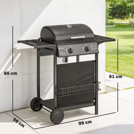 Barbecue à gaz 5 kW 2 brûleurs, chariot en acier inoxydable avec tablette latérale, panier inférieur, couvercle avant, thermomètre et grille émaillée.