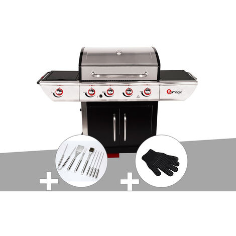 Barbecue à gaz avec chariot Manhattan 450GPI + plancha + Malette de 8 accessoires inox + Gant de protection