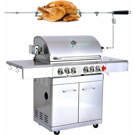 Barbecue à Gaz INOX 4 BRÛLEURS + 1 KIT RÔTISSOIRE (1 BRÛLEUR Infrarouge & TOURNEBROCHE)+ 1 Réchaud et Thermomètre, 22KW, 1 Grille + 1 Plancha offerts - DÖNER GREADEN