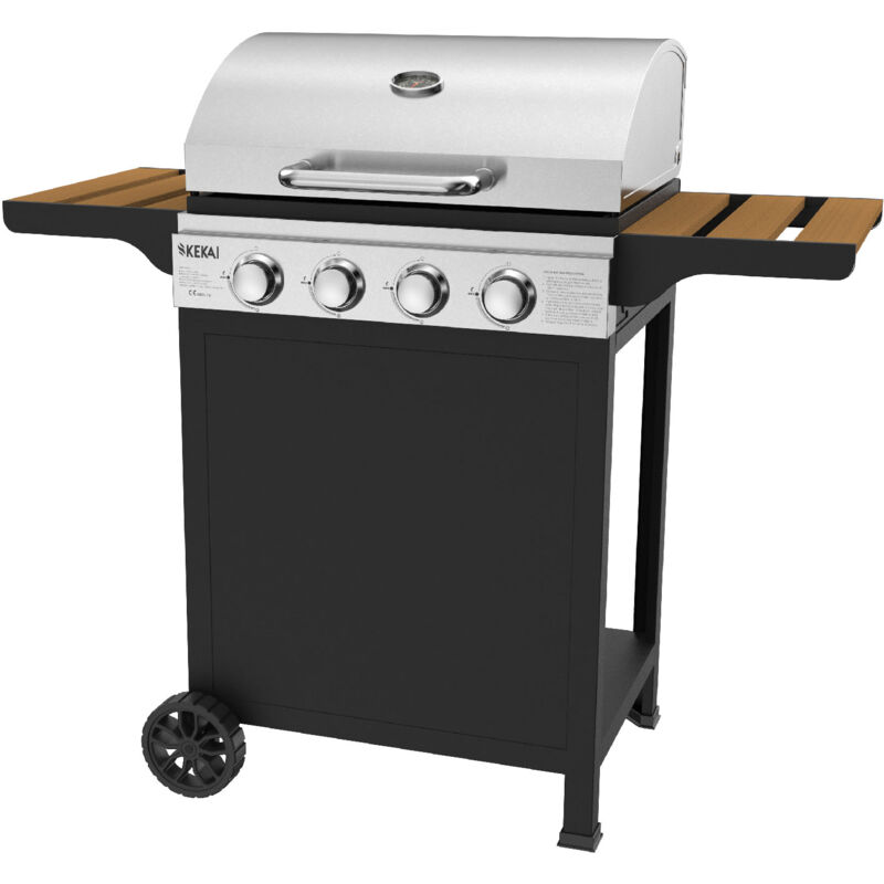 Barbecue à Gaz Portable Kekai Fort Peck 118,5x57,5x104,5 cm de 12 kW avec 4 Brûleurs, Thermomètre, Tables Latérales et Roulettes