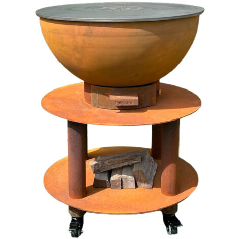 Barbecue a Legna e a Carbone Ø75xH86 cm in Acciaio Corten con Accessori Stromboli Marrone