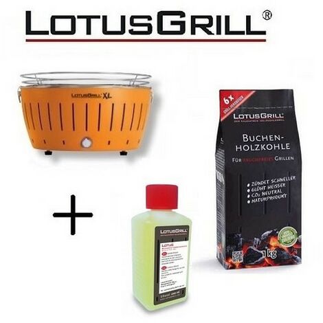Barbecue Arancio XL con Batterie e Cavo di Alimentazione USB + 1Kg di Carbonella di Faggio + Gel Combustibile Inodore per Barbecue 200ml -Lotus Grill