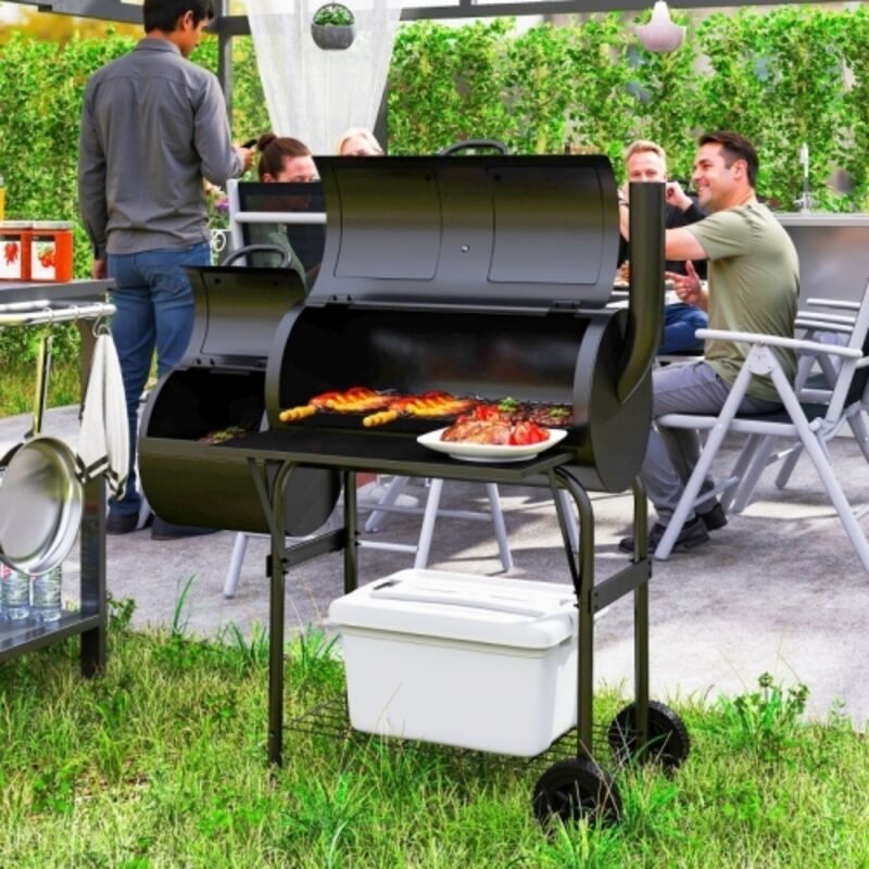 Barbecue au charbon 2-en-1 en acier avec fumoir offset, couvercle avec thermomètre, étagères, roues, noir 109x60x120 cm
