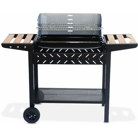Barbecue au charbon - Alfred - Noir et gris. hauteur de grille ajustable. cuve émaillée. tablettes en bois. étagère et crochets
