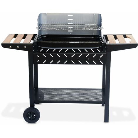 Barbecue au charbon - Alfred - Noir et gris. hauteur de grille ajustable. cuve émaillée. tablettes en bois. étagère et crochets - Noir