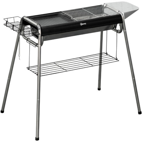Barbecue au charbon avec grill et plaque de cuisson, panier et étagères, 107x63x75cm, noir