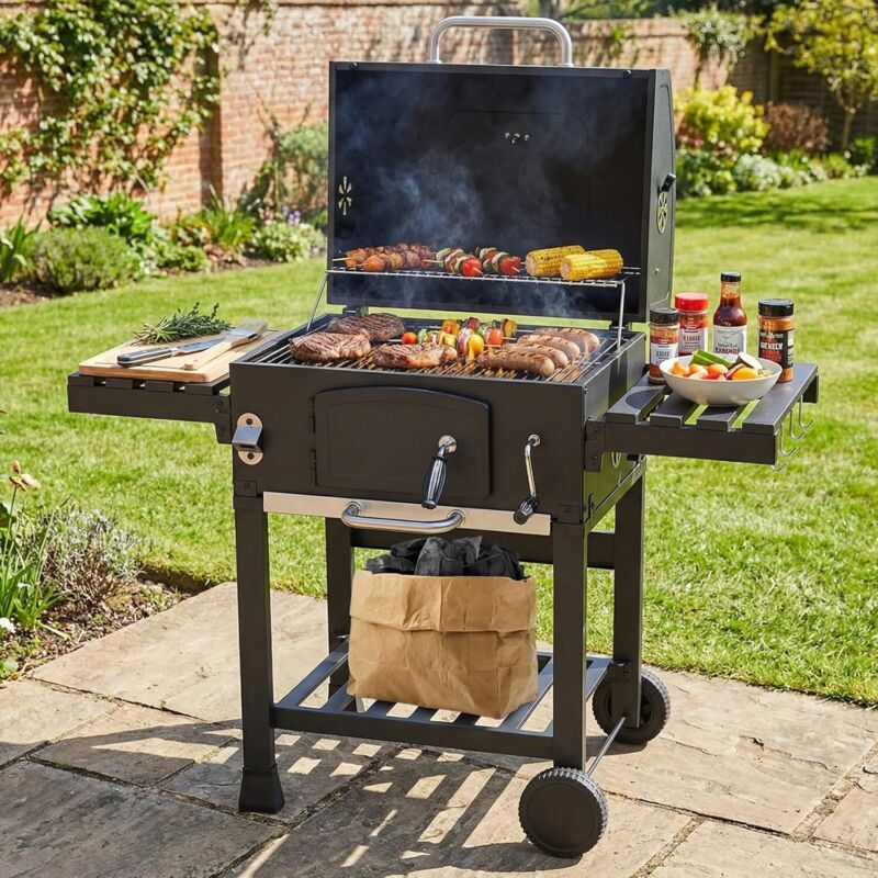 Barbecue au charbon de bois avec couvercle XXL, chariot de barbecue au charbon de bois avec couvercle étanche, roues, grille, thermomètre et étagères
