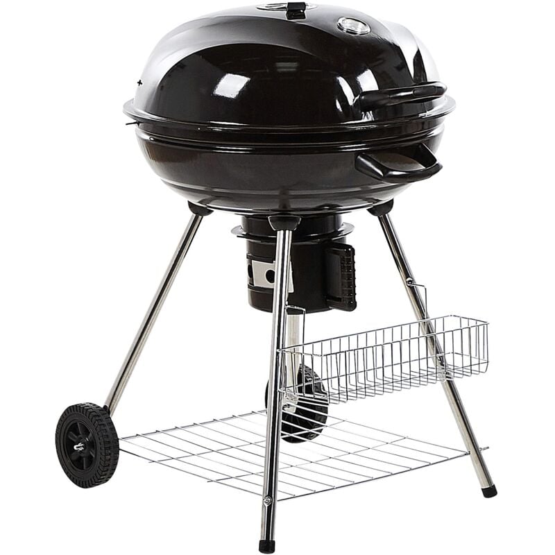 Barbecue au Charbon de Bois à Roulettes et Thermomètre en Acier Noir Marapi
