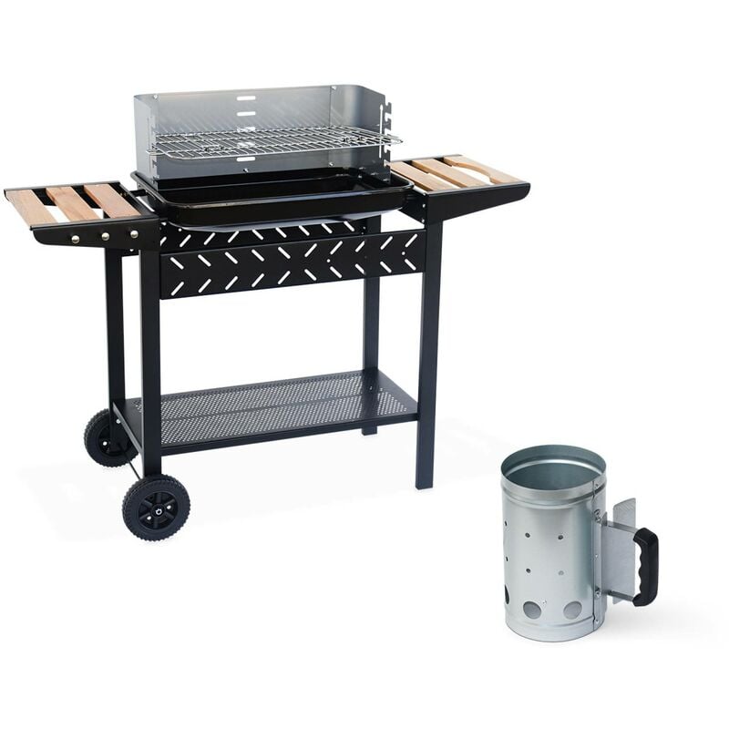 Sweeek - Barbecue au charbon. Noir et gris. hauteur de grille ajustable. cuve émaillée. tablettes en bois + Cheminée d'allumage - Noir