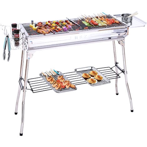 Barbecue au Charbon Portable avec Support, Pliable Inox BBQ Grille pour Pique-niques, Jardins, Camping et Fête 99.5x31x72cm(LxPxH)