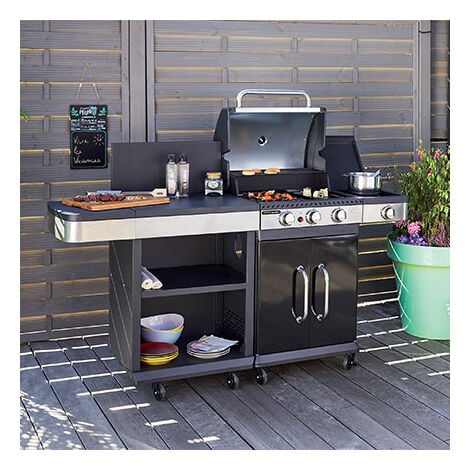 Barbecue au gaz 3 brûleurs et plancha avec desserte FIDGI Barbecue gaz CUISINE EXTERIEURE 3 BRULEURS + 2 DESSERTES