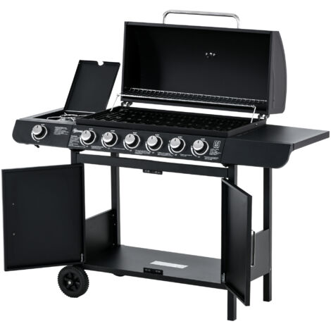 Barbecue au gaz 7 brûleurs avec thermomètre, grill mobile de camping, noir