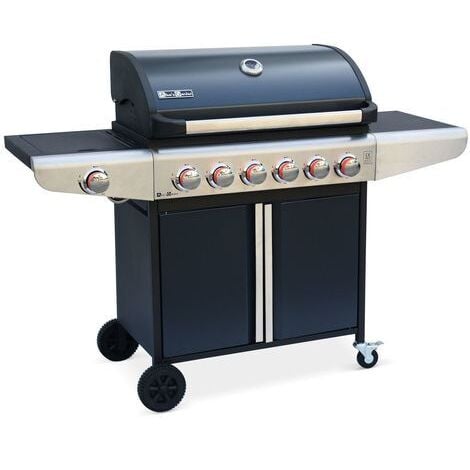 Barbecue au gaz - Bazin 6 Gris anthracite - Cuisine extérieure 7 brûleurs dont 1 feu latéral avec tablettes et thermomètre, rangement, roues