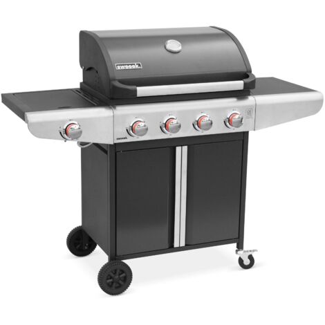 Barbecue au gaz - Bazin 4 Gris anthracite - Cuisine extérieure 4 brûleurs + 1 feu latéral avec tablettes et thermomètre, rangement, roues - Noir